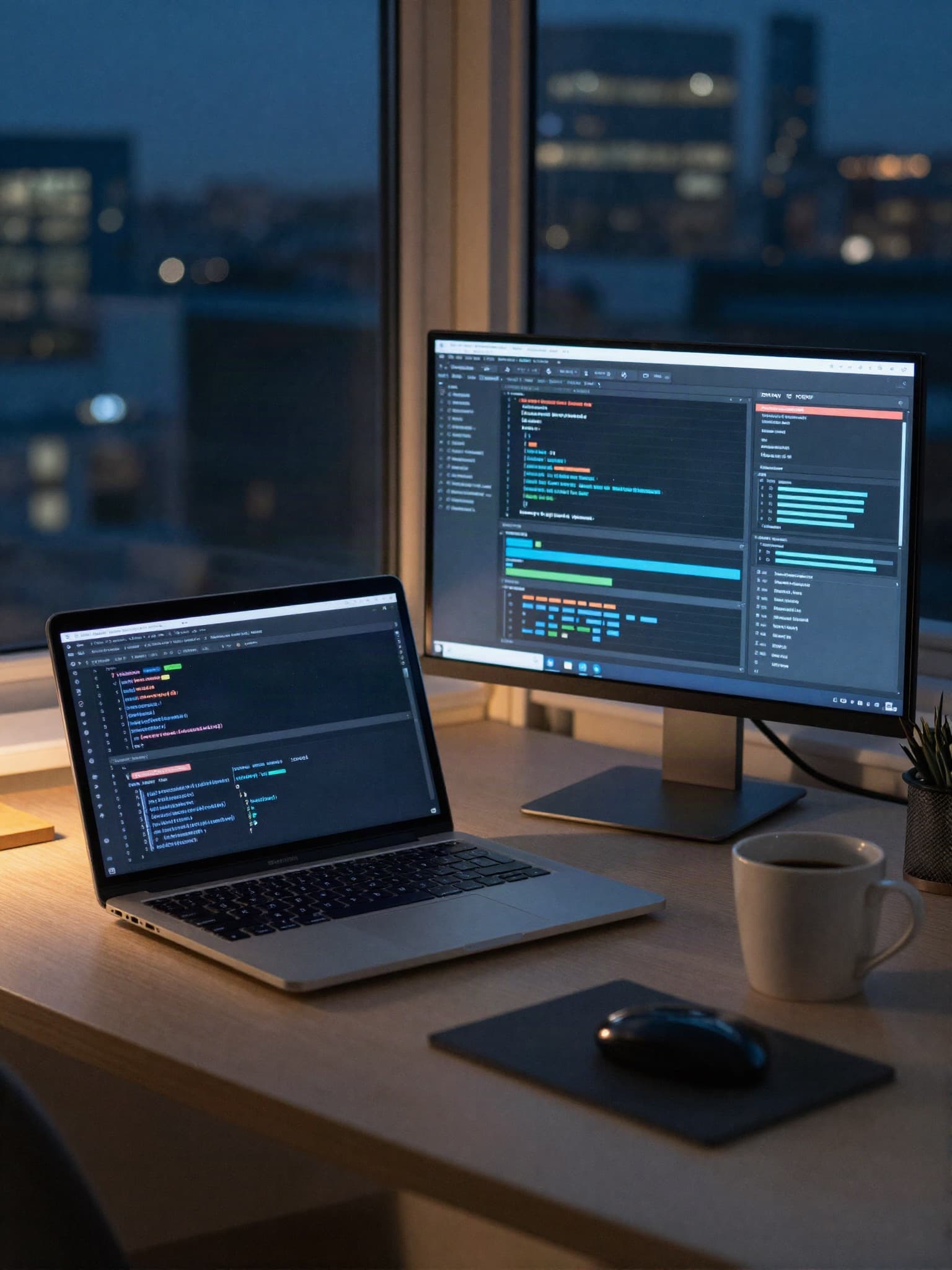 A developer's desk at night with code and data charts on screen